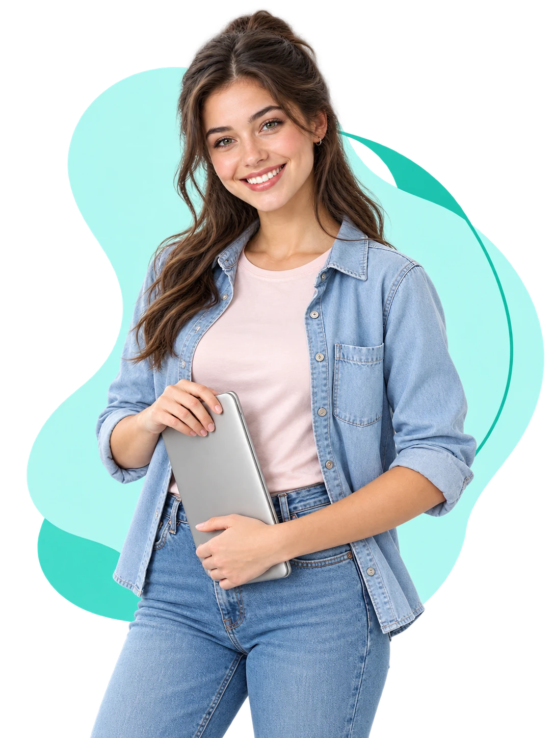 Woman holding a laptop after checking her personal loan rate online